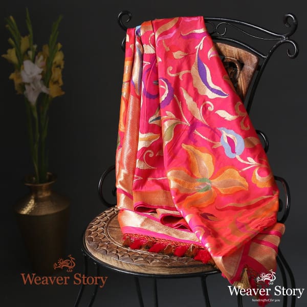 Handwoven Rani Pink Cutwork Kimkhab Dupatta with Meenakari