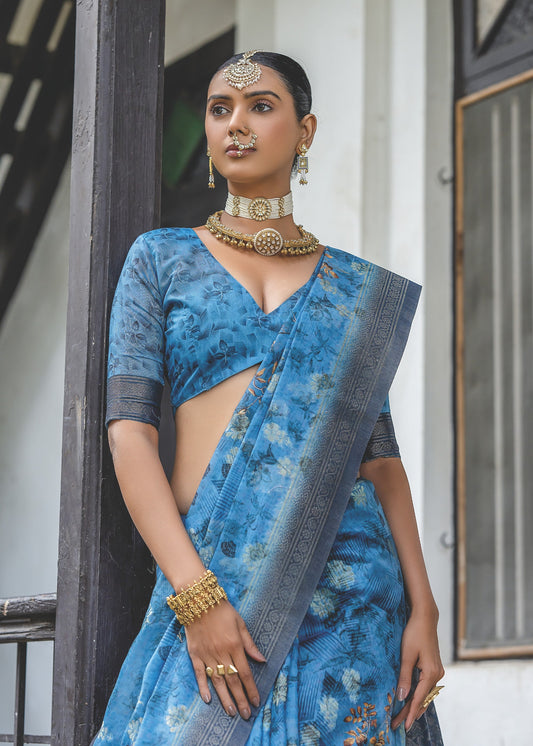 Azure Blue Woven Silk Saree