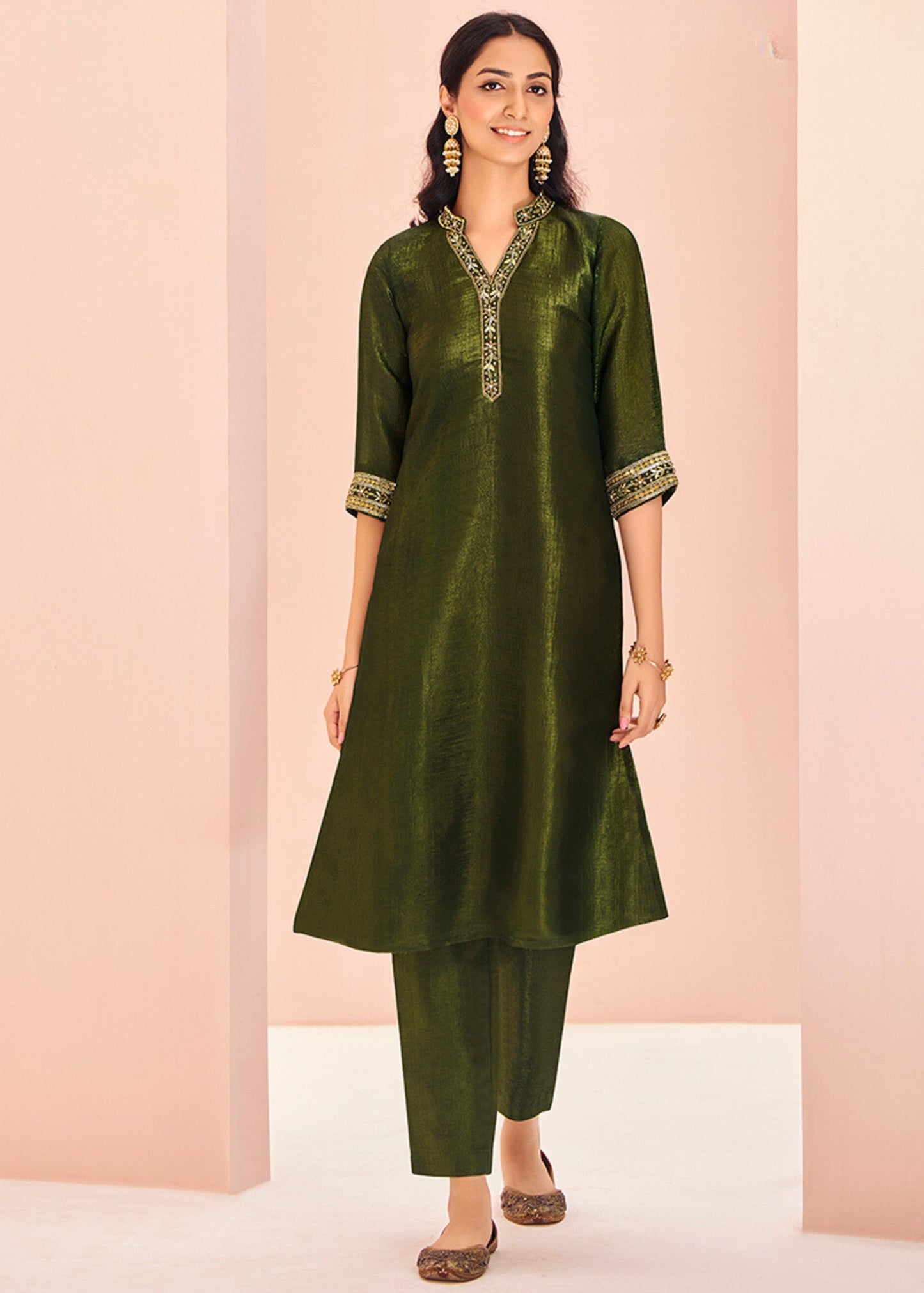 Olive Organza Handwork Kurta with Pant