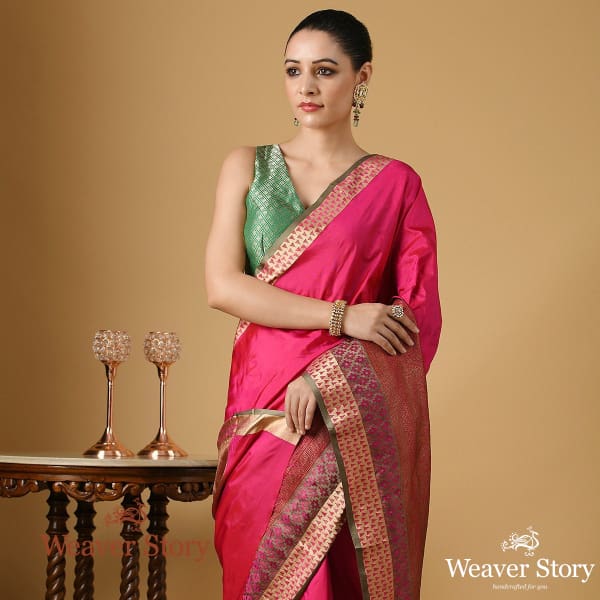 Handwoven Pink Katan Silk Banarasi Saree with Antique Zari Border