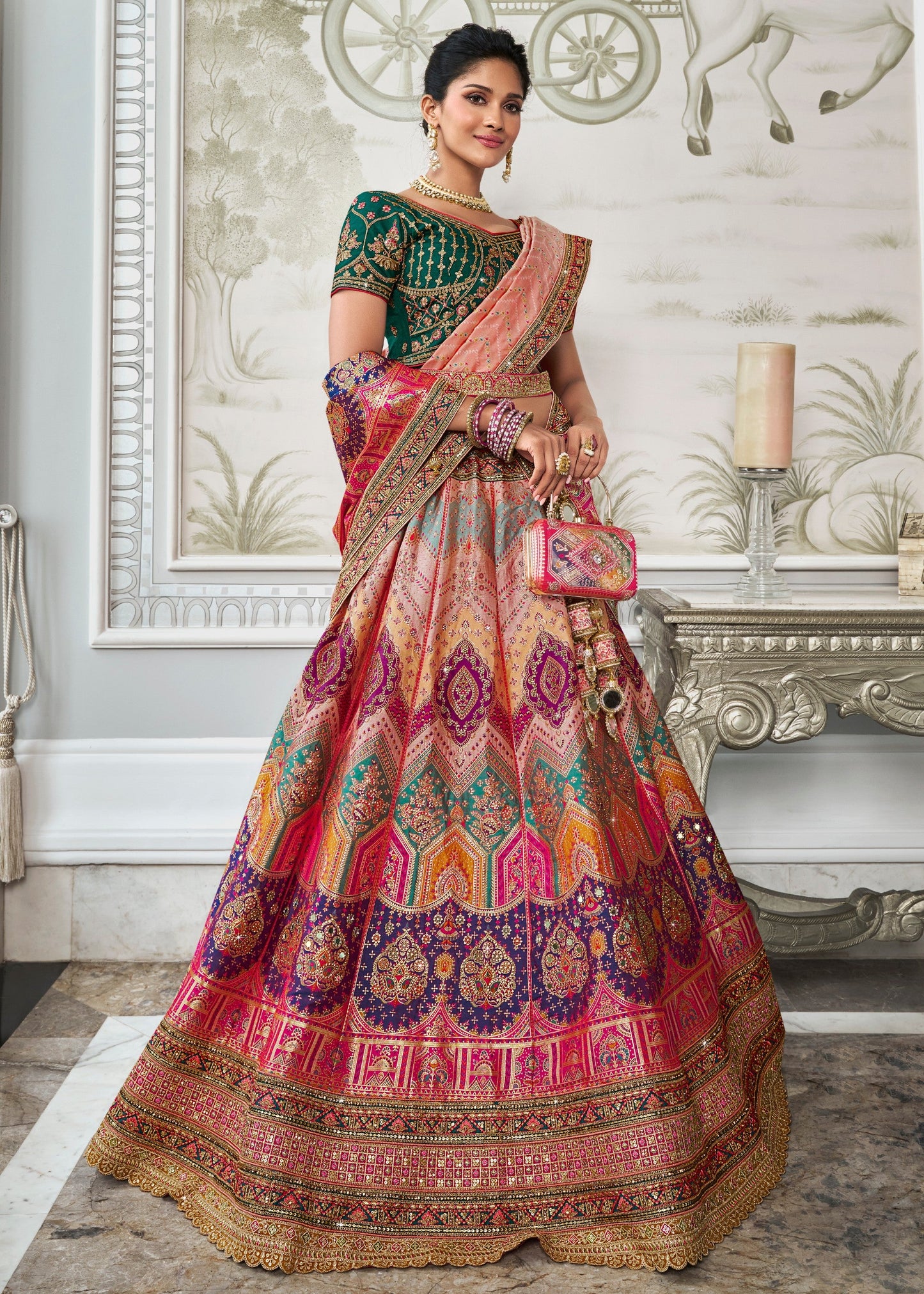 Green & Pink Banarasi Silk Lehenga with Zarkan Codding work