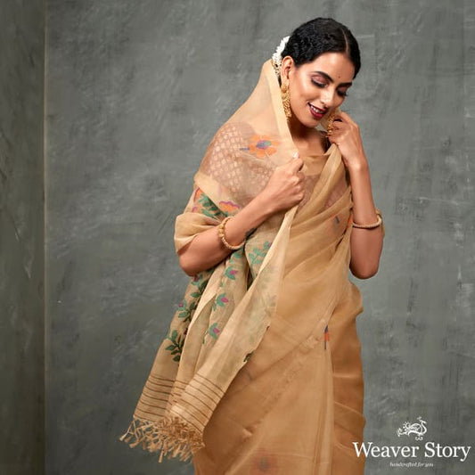 Handwoven Khaki Muslin Dhakai Jamdani Saree with Floral Motif and Heavy Pallu