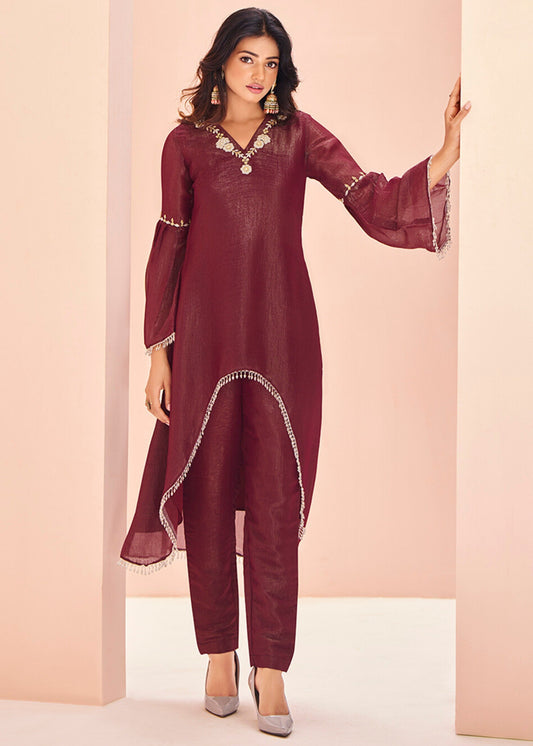 Maron Organza Handwork Kurta with Pant