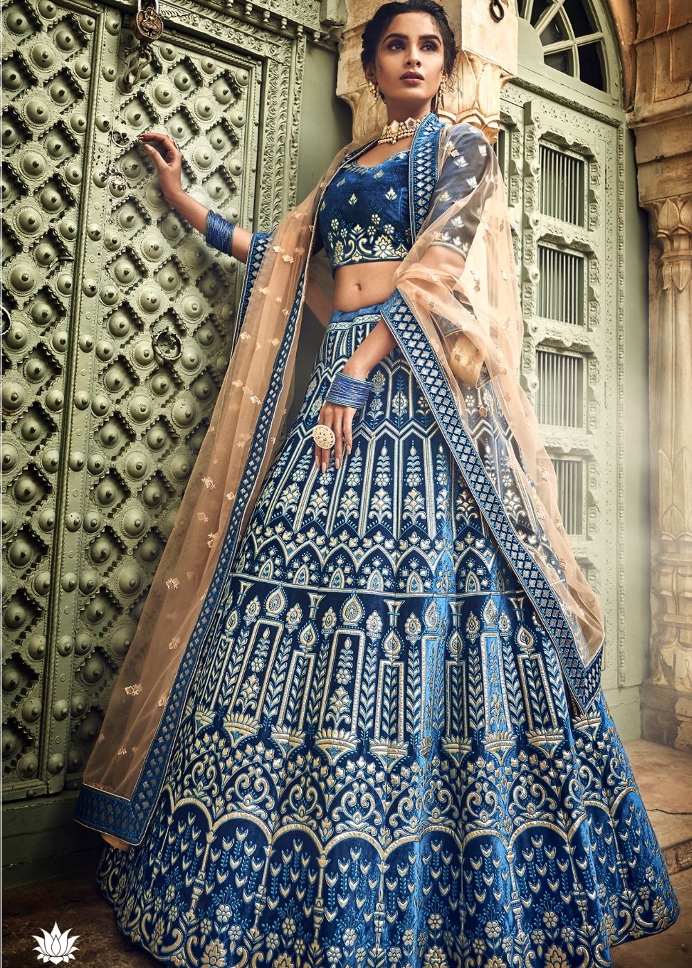 Azure Blue Velvet Lehenga Choli with Thread, Zari and Pure Gota work (Pre-Order)