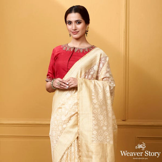 Handwoven Beige Kora Cotton Patola Saree