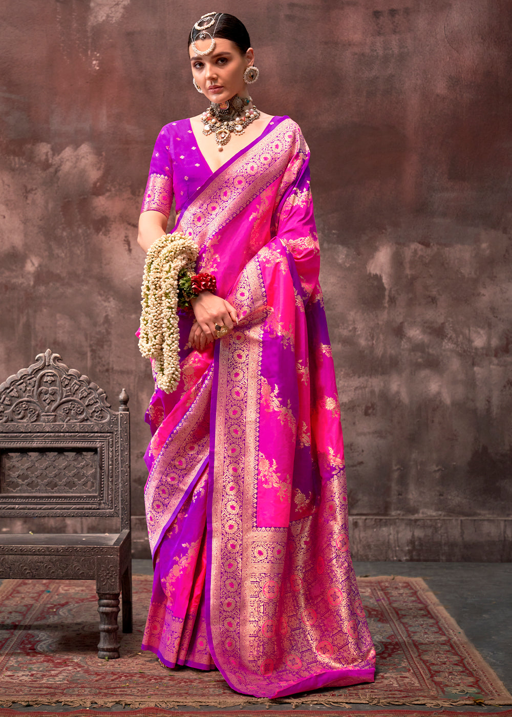 Pink & Purple Rangkaat Handloom Silk Saree