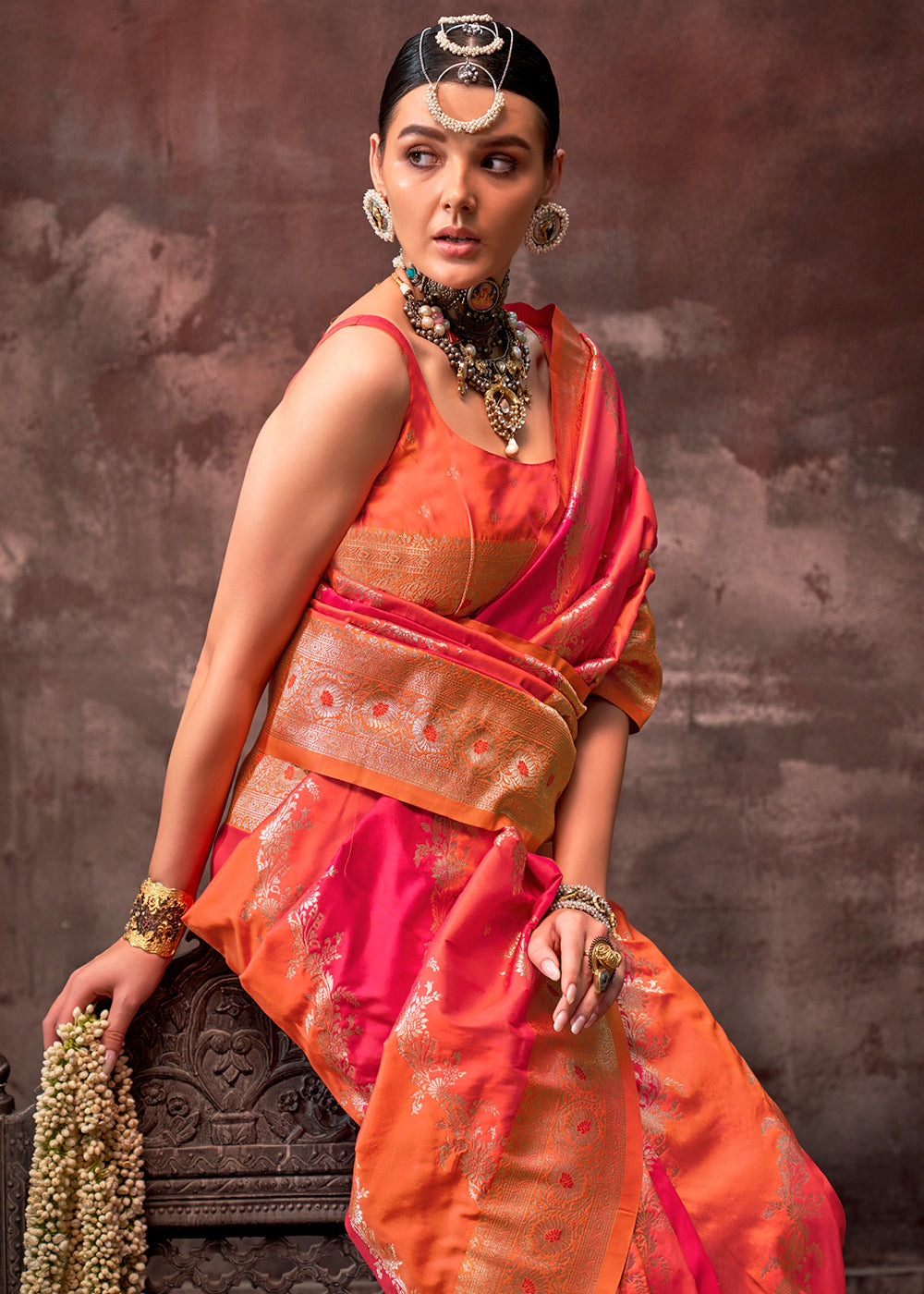 Pink & Orange Rangkaat Handloom Silk Saree