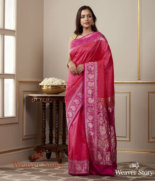 Handwoven Pink and Orange Banarasi Tanchoi Saree with Paisley Border