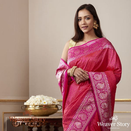 Handwoven Pink and Orange Banarasi Tanchoi Saree with Paisley Border