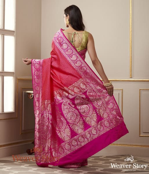 Handwoven Pink and Orange Banarasi Tanchoi Saree with Paisley Border