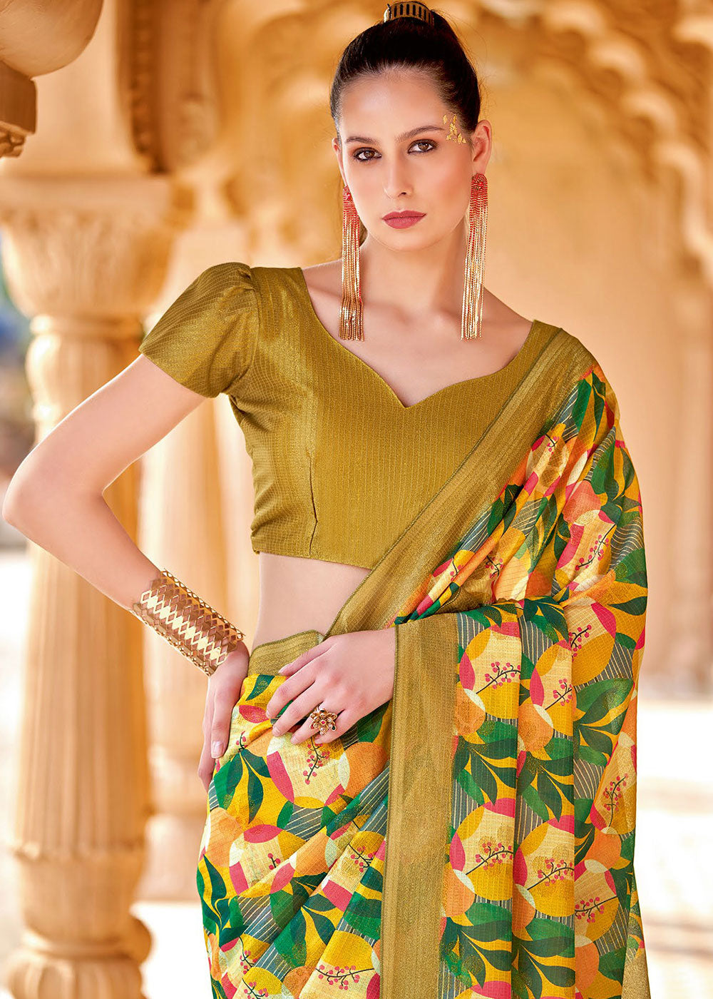 Mustard Yellow Floral Printed Cotton Silk Saree:Summer Collection