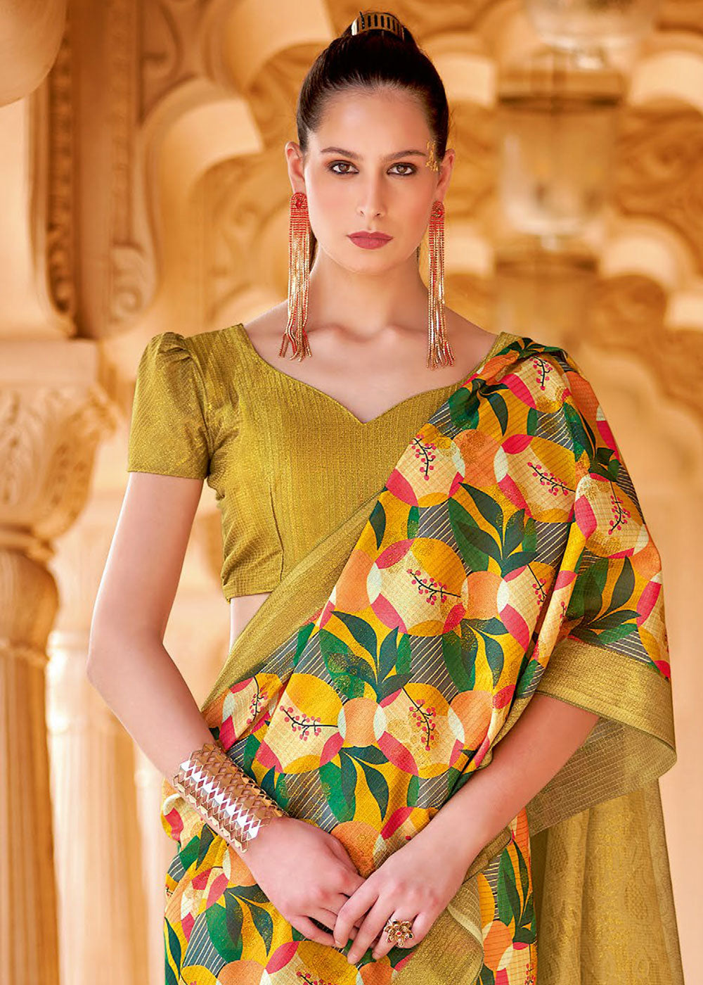 Mustard Yellow Floral Printed Cotton Silk Saree:Summer Collection