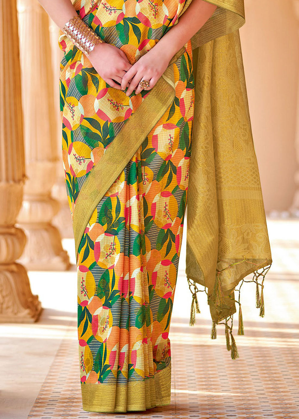 Mustard Yellow Floral Printed Cotton Silk Saree:Summer Collection