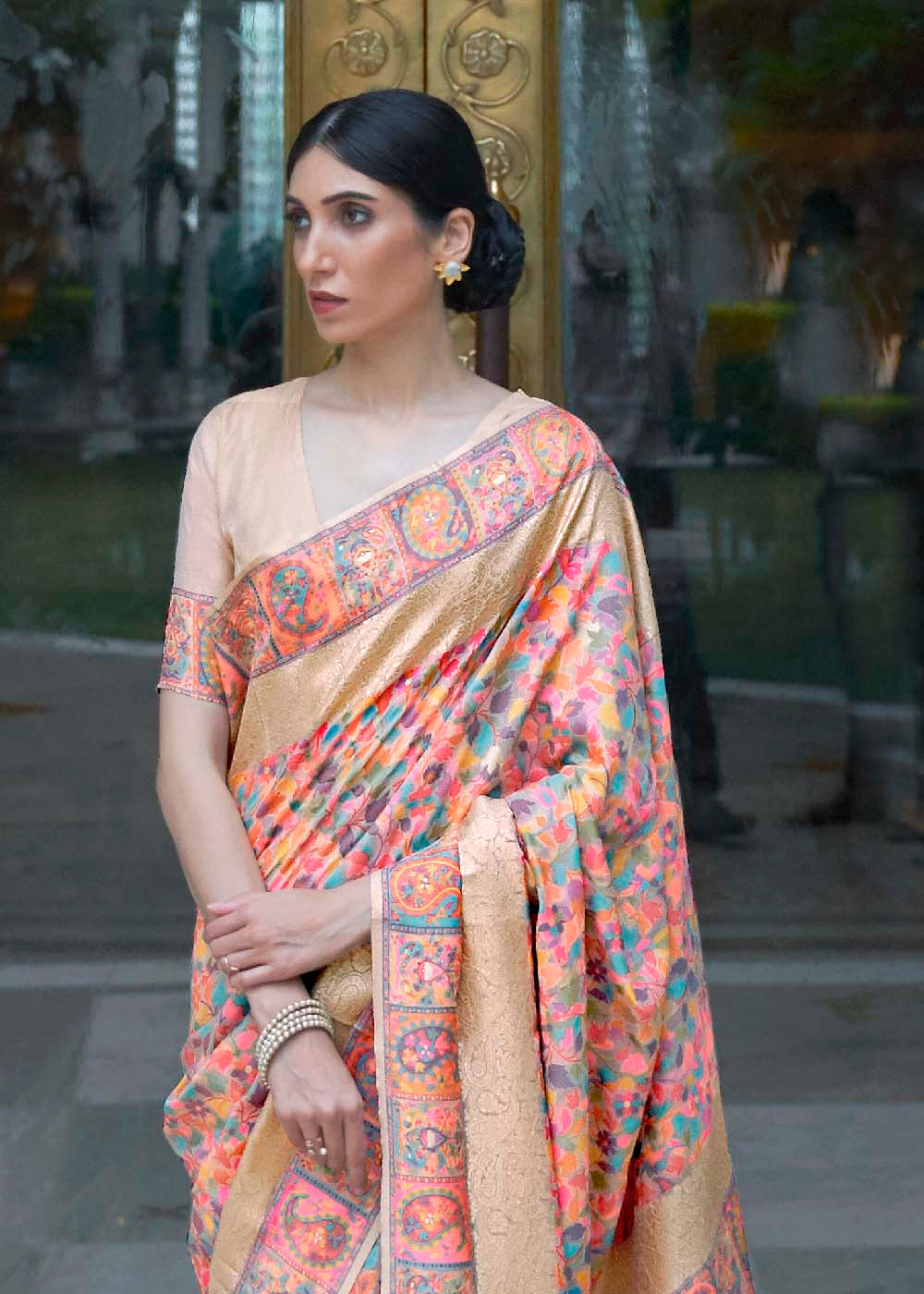 Beige Brown & Pink Banarasi Jamawar Woven Silk Saree : Top Pick