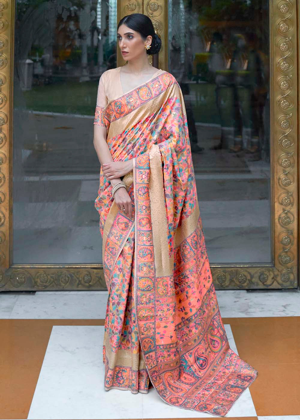 Beige Brown & Pink Banarasi Jamawar Woven Silk Saree : Top Pick