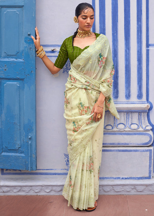 Tea Green Digital Print Tissue Silk Saree with Embroidery Thread work