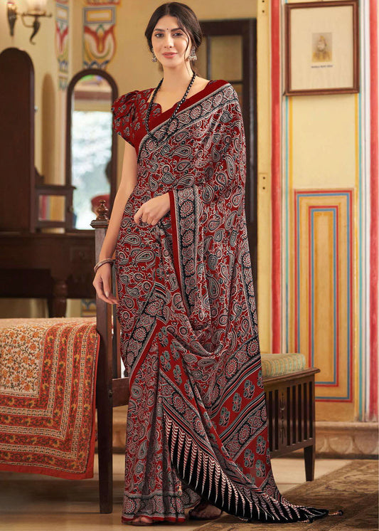 Maroon Red Ajrakh Printed Satin Crepe Saree:Summer Collection