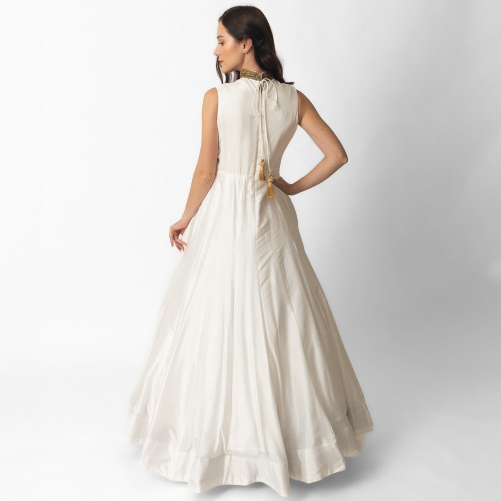 Mya White Silk Gown with Hand Embroidery