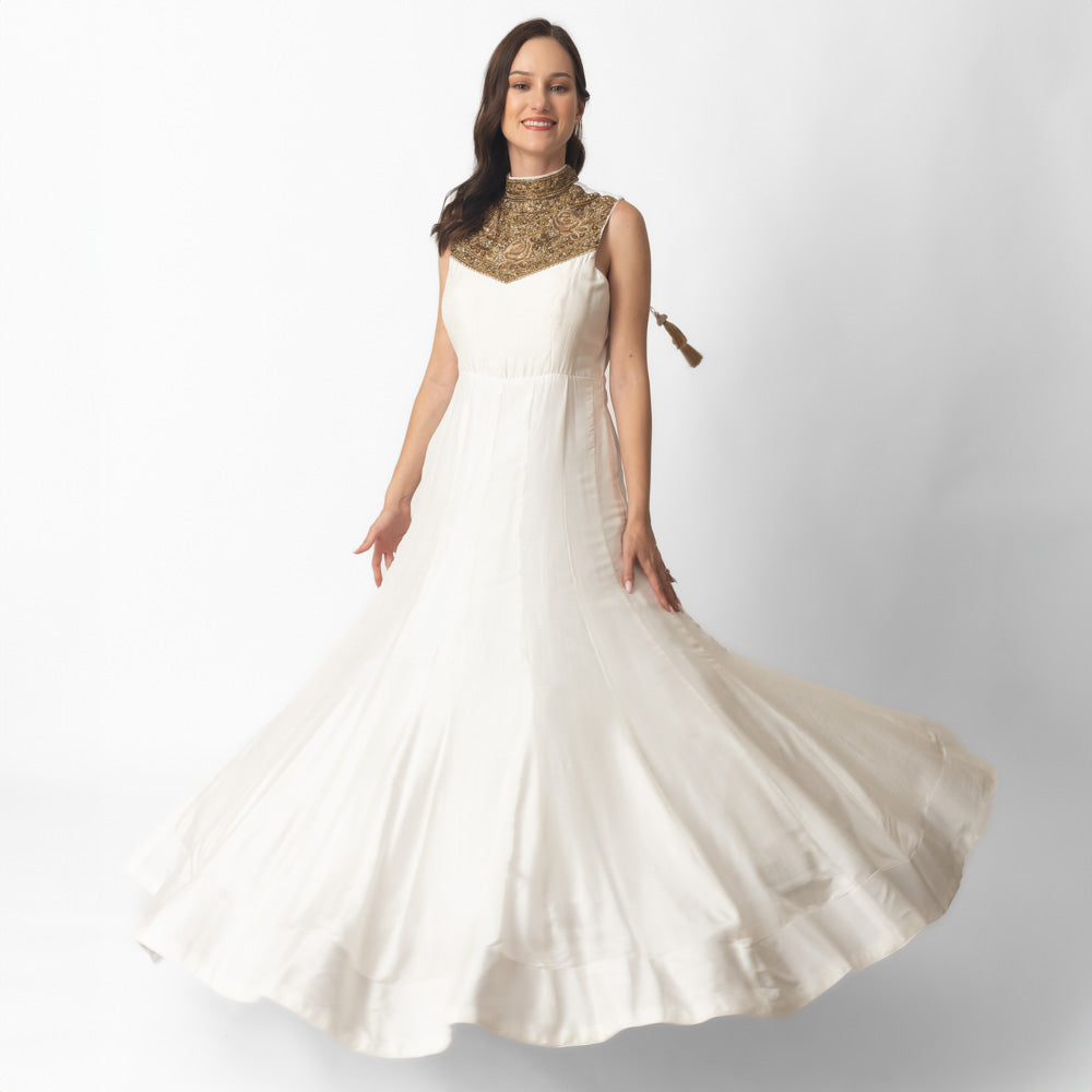 Mya White Silk Gown with Hand Embroidery