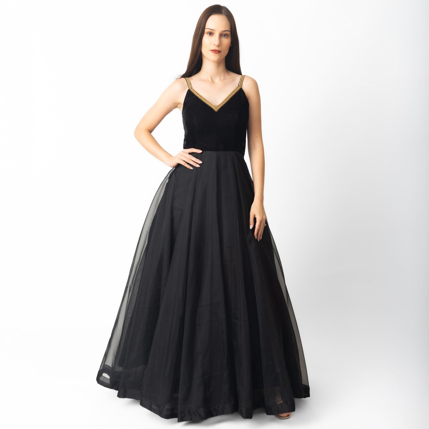 Vee Black Gown with Hand Embroidery