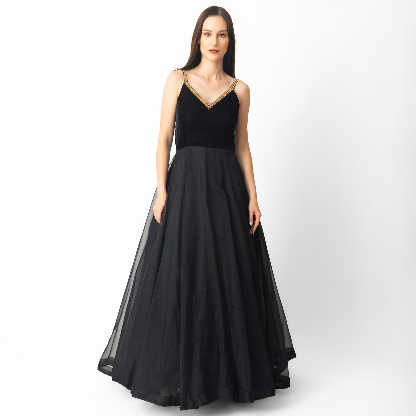 Vee Black Gown with Hand Embroidery