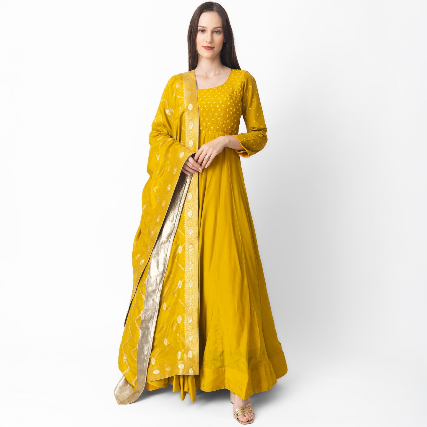 Landau Yellow Dress with Mirror Embroidery