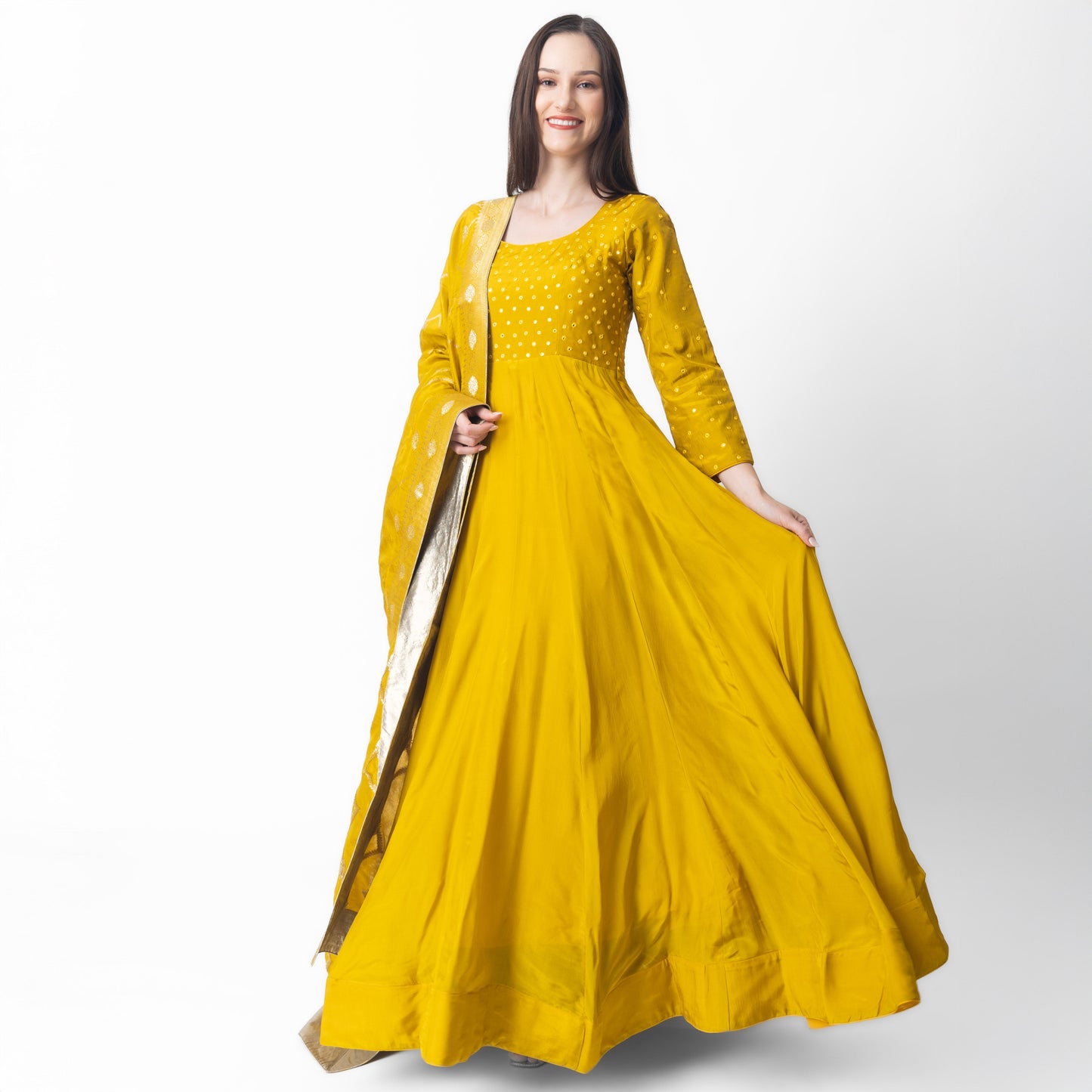 Landau Yellow Dress with Mirror Embroidery