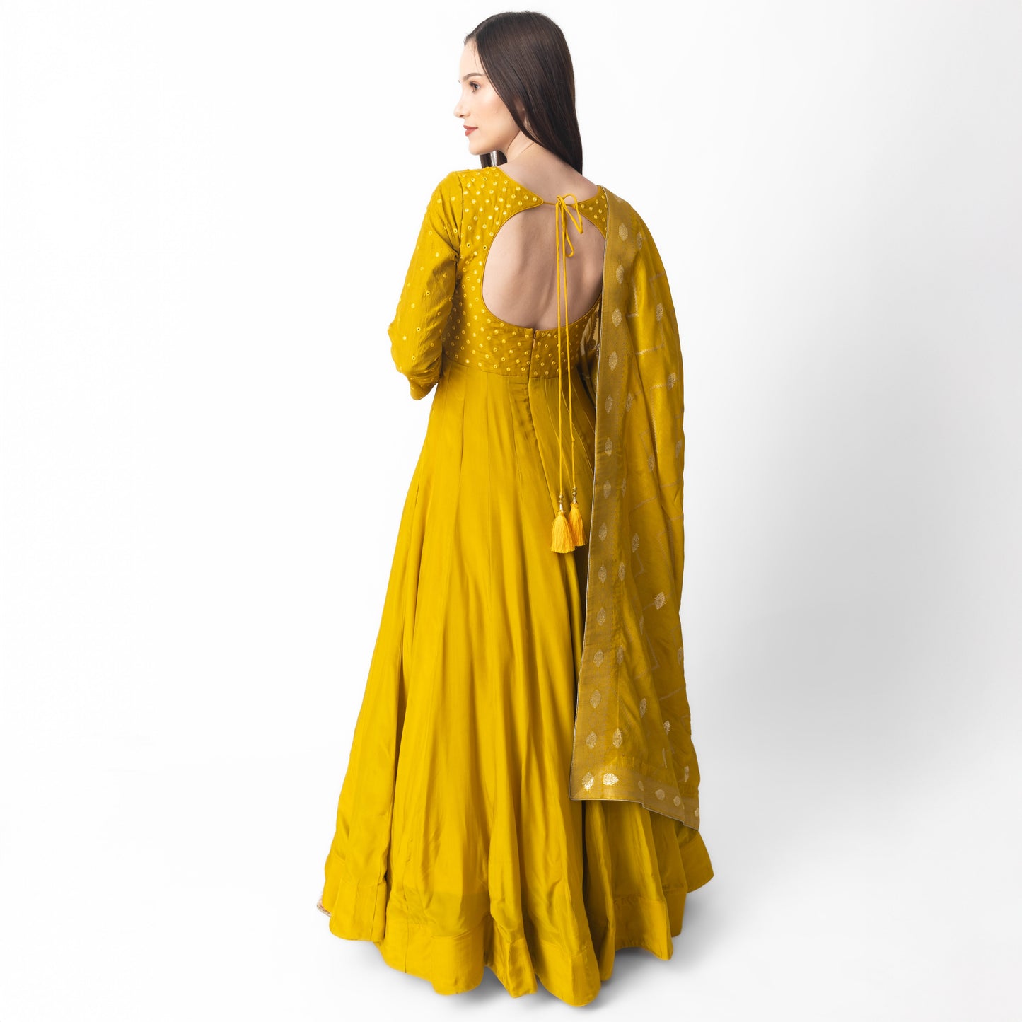 Landau Yellow Dress with Mirror Embroidery