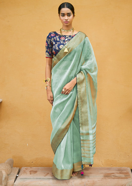 Light Green Soft Tissue Organza Silk Saree with Brocade Blouse