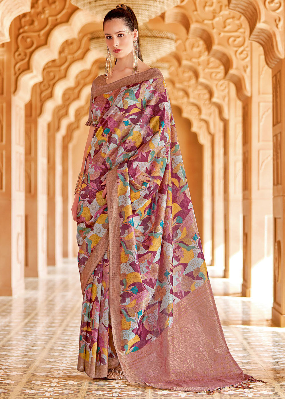 Light Mauve Purple Floral Printed Cotton Silk Saree:Summer Collection