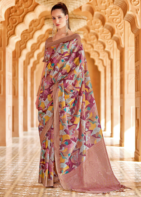 Light Mauve Purple Floral Printed Cotton Silk Saree:Summer Collection