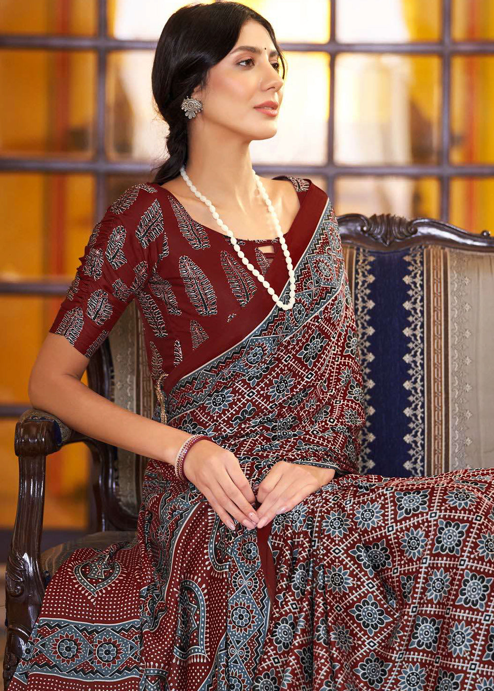 Burgundy Red Ajrakh Printed Satin Crepe Saree:Summer Collection