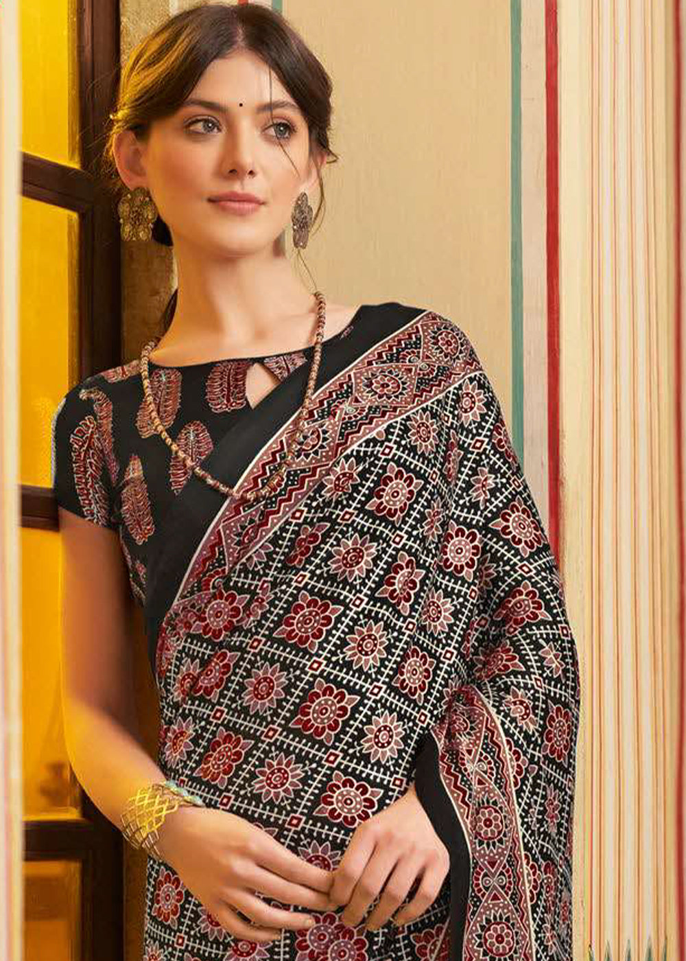 Coal Black Ajrakh Printed Satin Crepe Saree:Summer Collection