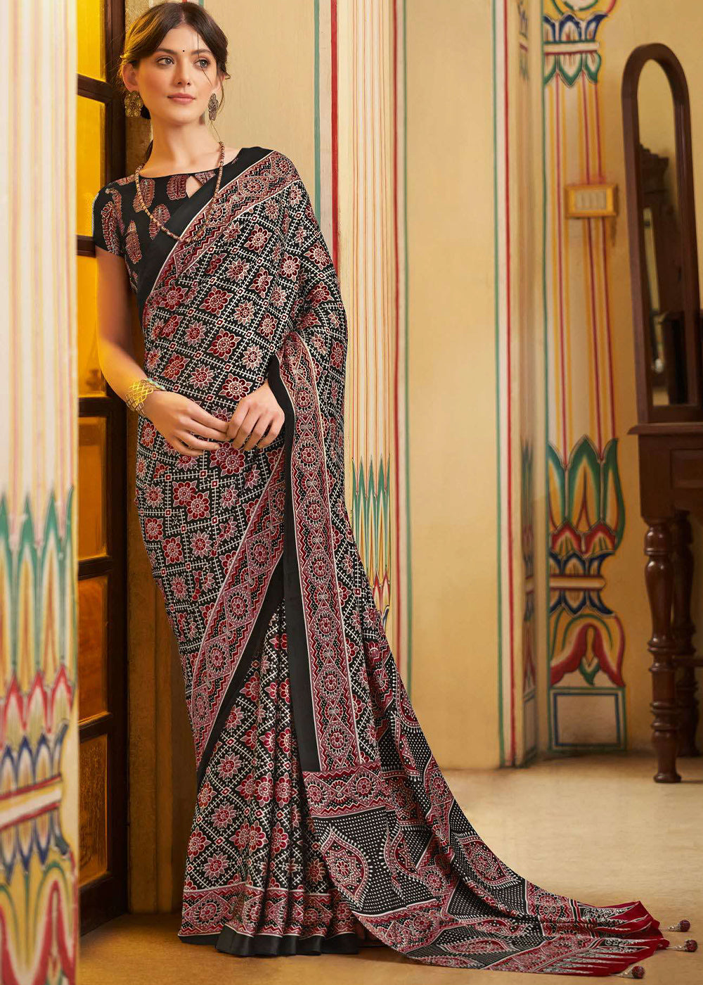 Coal Black Ajrakh Printed Satin Crepe Saree:Summer Collection