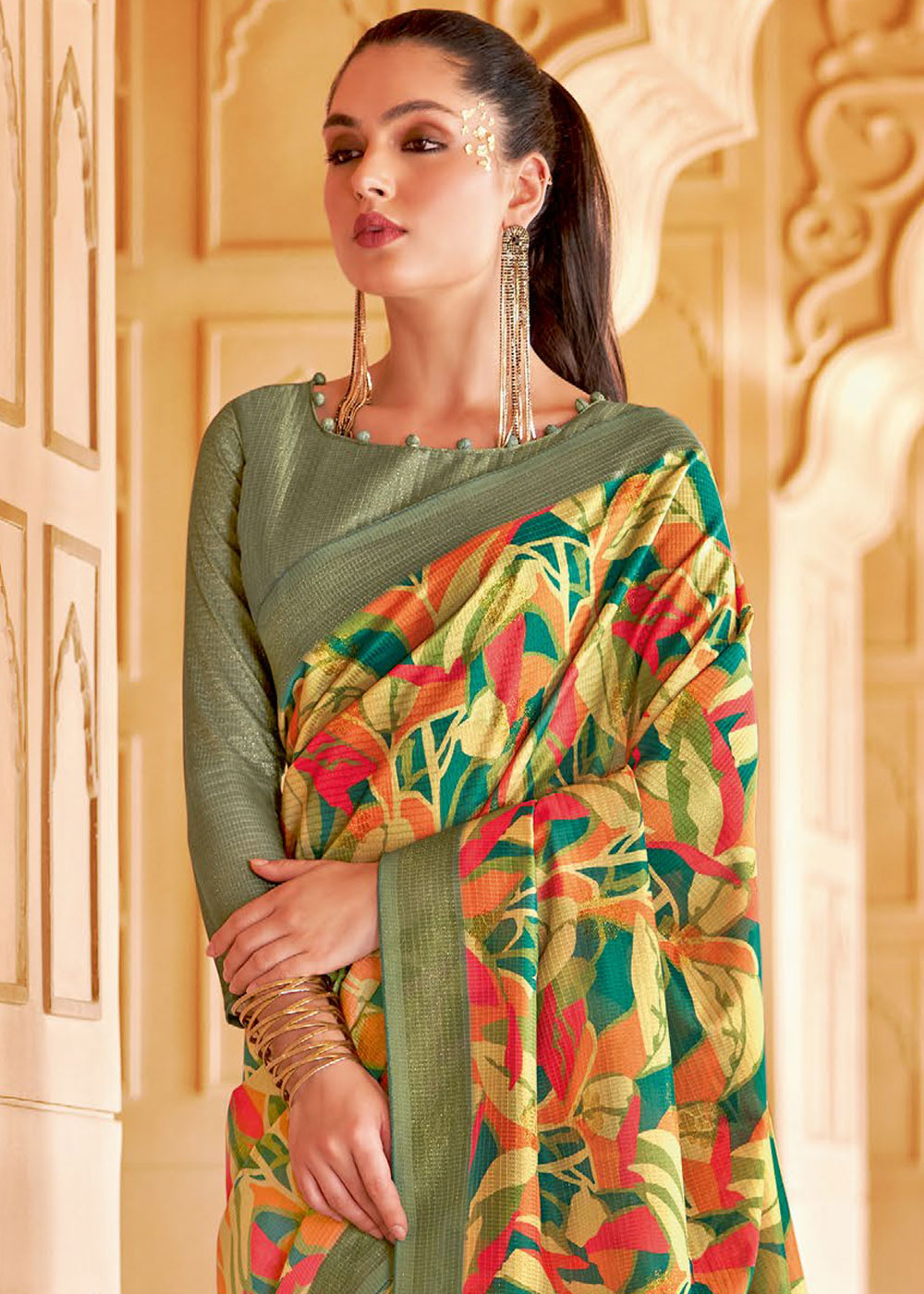 Fern Green Floral Printed Cotton Silk Saree:Summer Collection