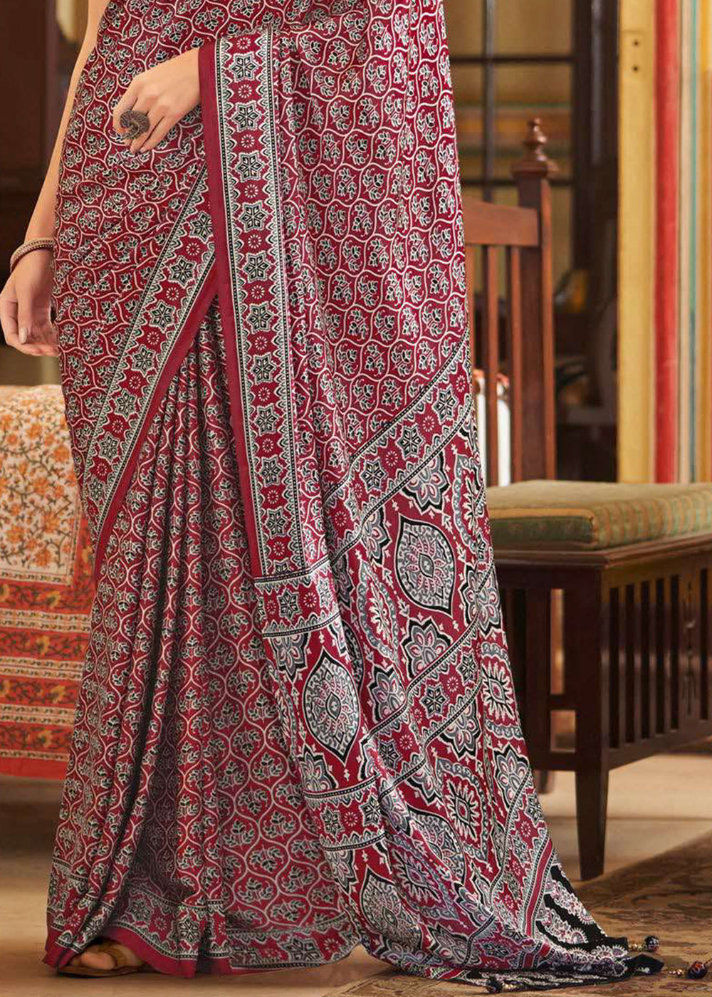 Barn Red Ajrakh Printed Satin Crepe Saree:Summer Collection