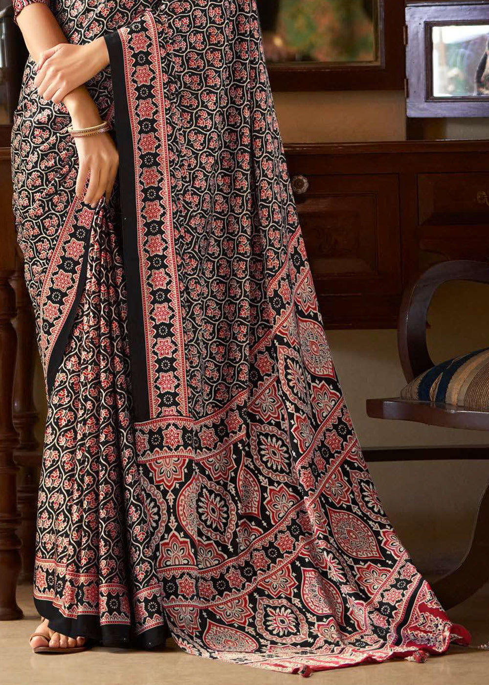 Ink Black Ajrakh Printed Satin Crepe Saree:Summer Collection