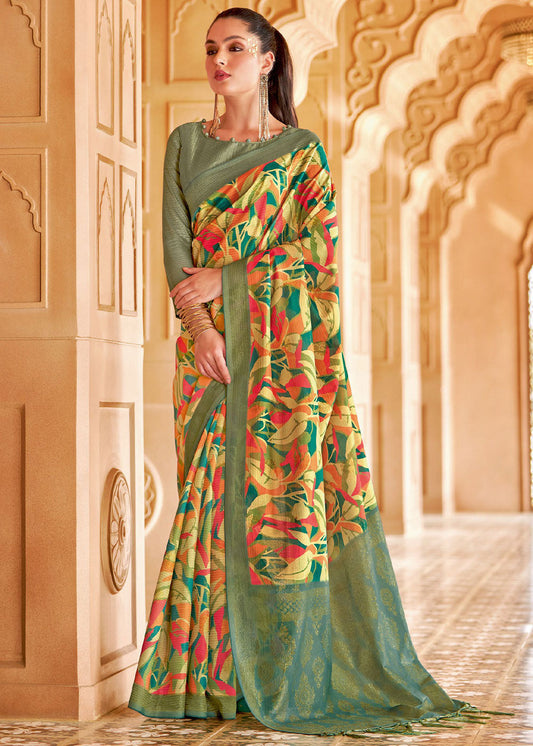 Fern Green Floral Printed Cotton Silk Saree:Summer Collection