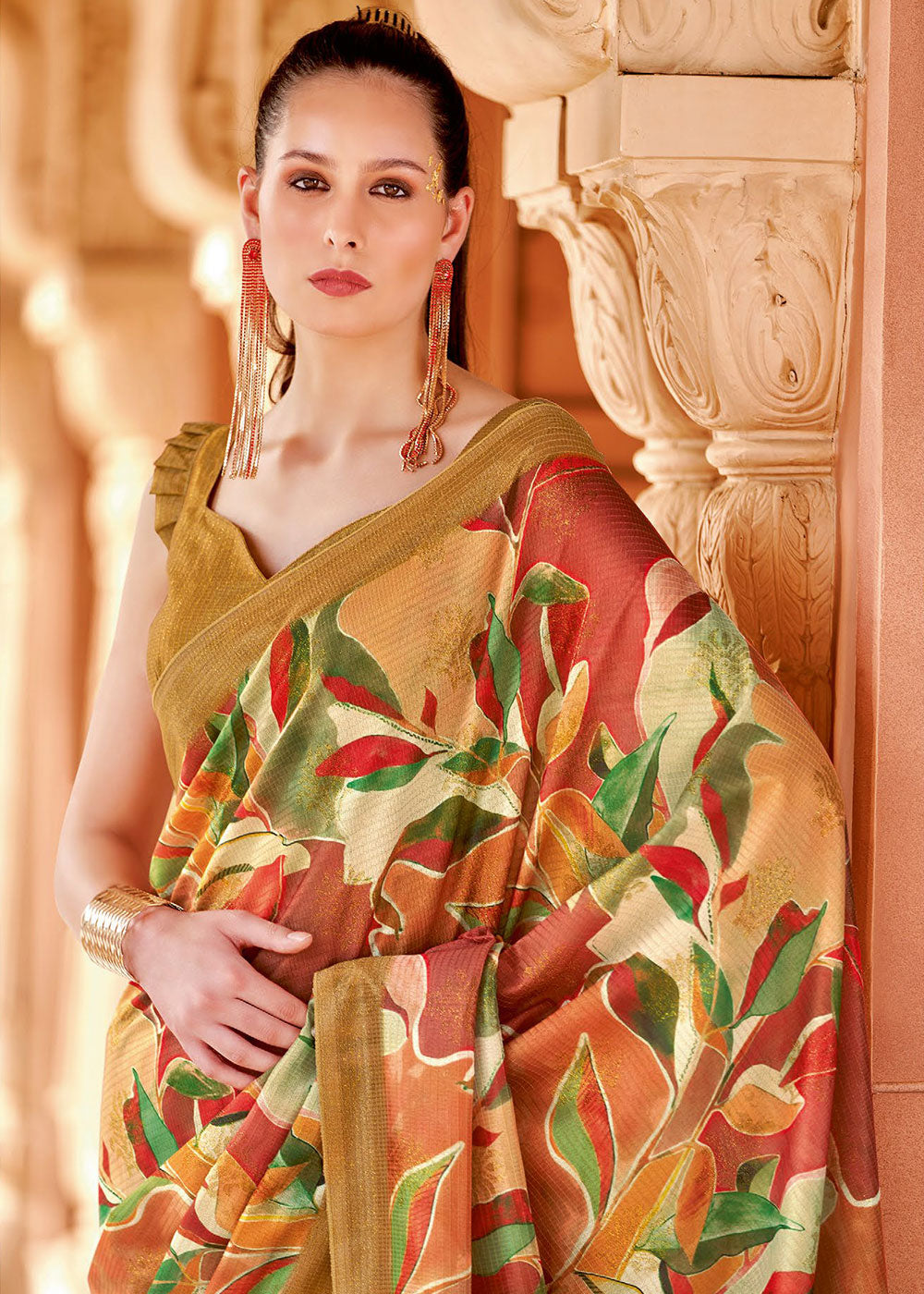 Copper Brown Floral Printed Cotton Silk Saree:Summer Collection