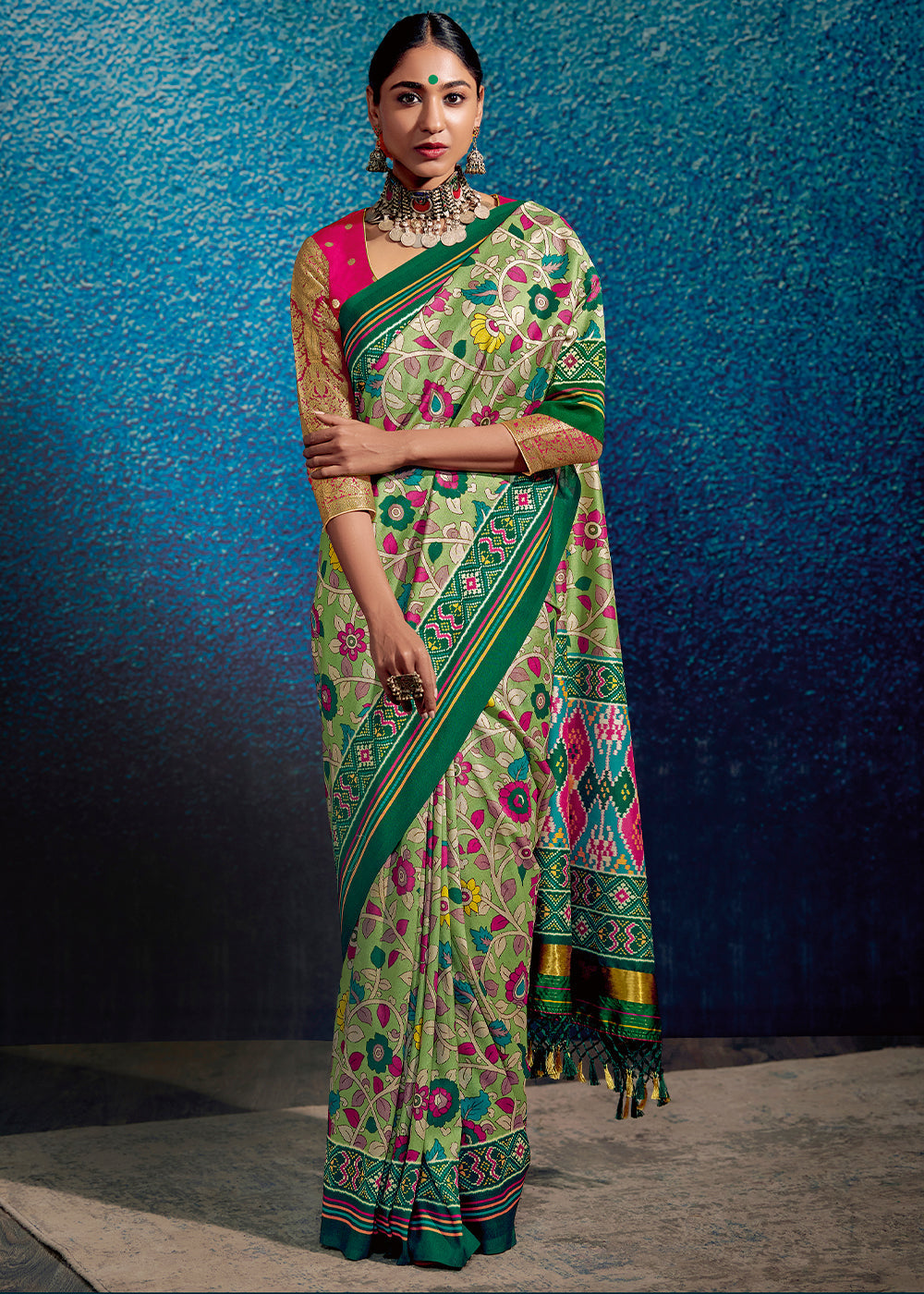 Shades Of Green Kalamkari Printed Soft Tussar Silk Saree with Patola Pallu