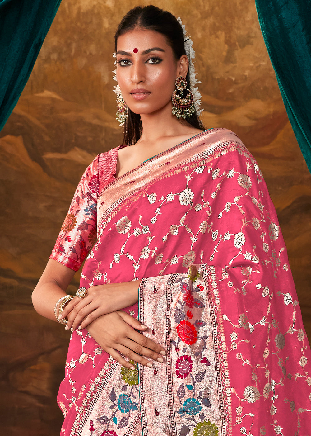 French Rose Pink Paithani Banarasi Silk Saree having Resham Woven Floral Motifs