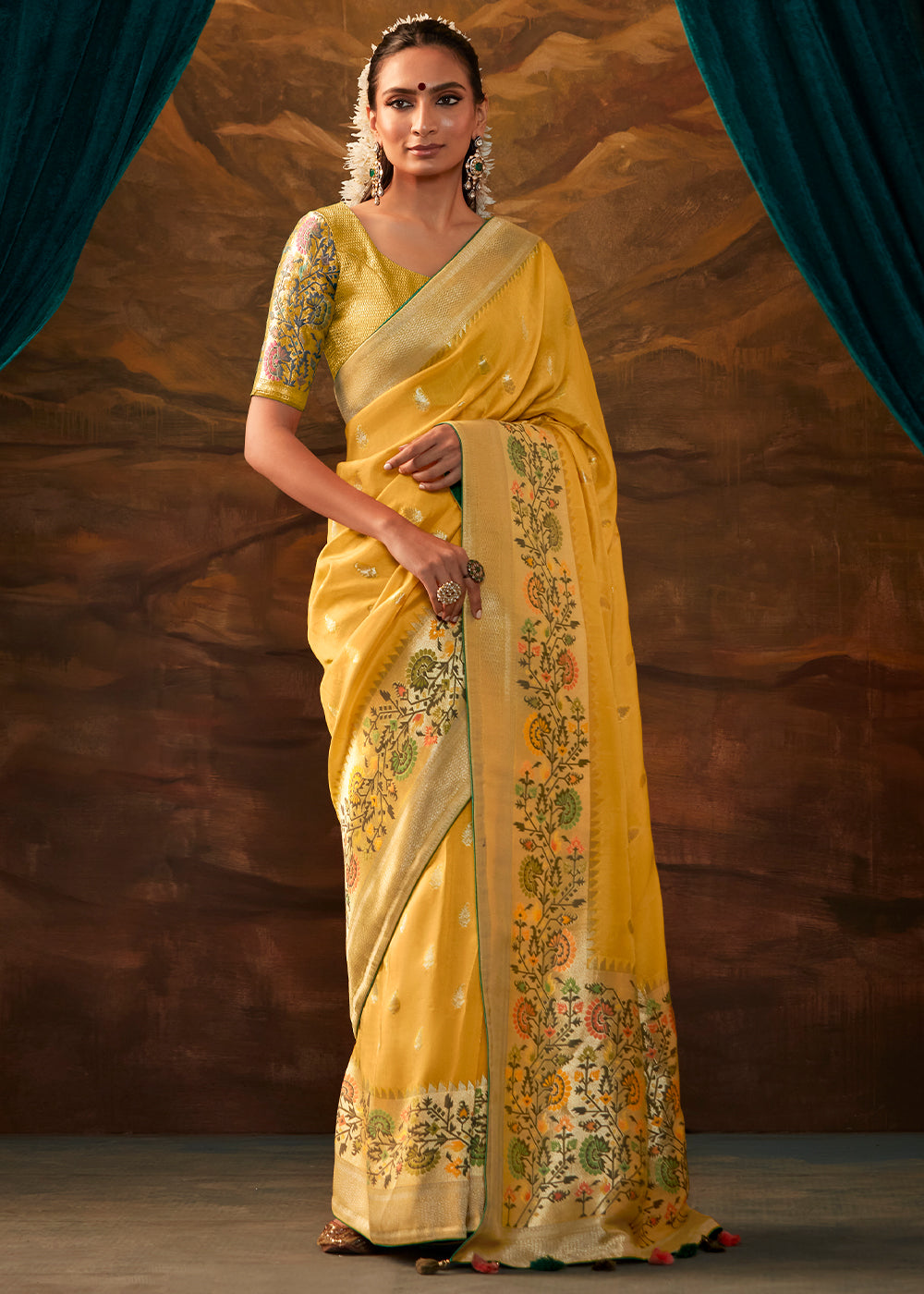 Pineapple Yellow Paithani Banarasi Silk Saree having Resham Woven Floral Motifs