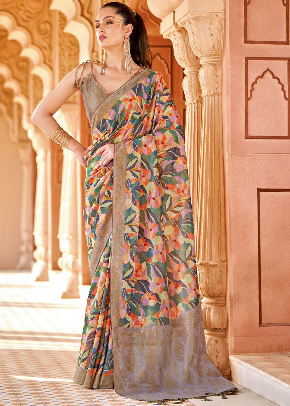 Brownish Grey Floral Printed Cotton Silk Saree:Summer Collection