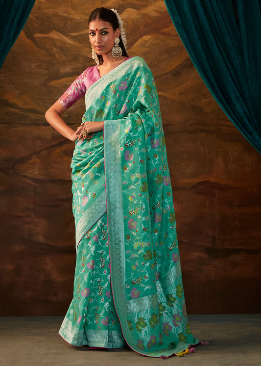 Turquoise Blue Paithani Banarasi Silk Saree having Resham Woven Floral Motifs