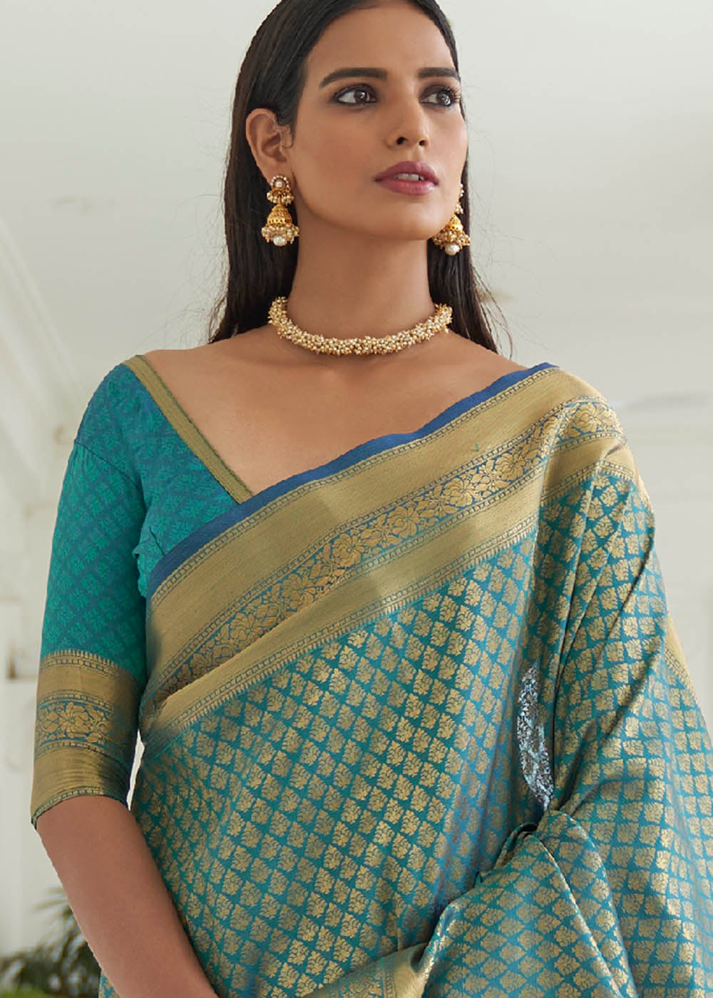 Turkish Blue Woven Kanjivaram Silk Saree: Top Pick