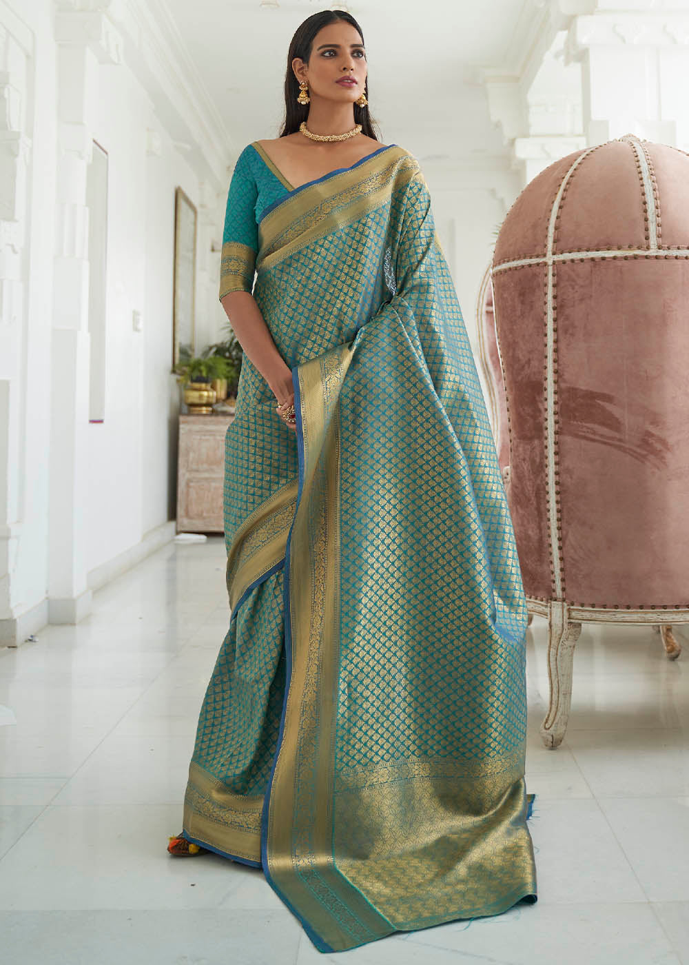 Turkish Blue Woven Kanjivaram Silk Saree: Top Pick