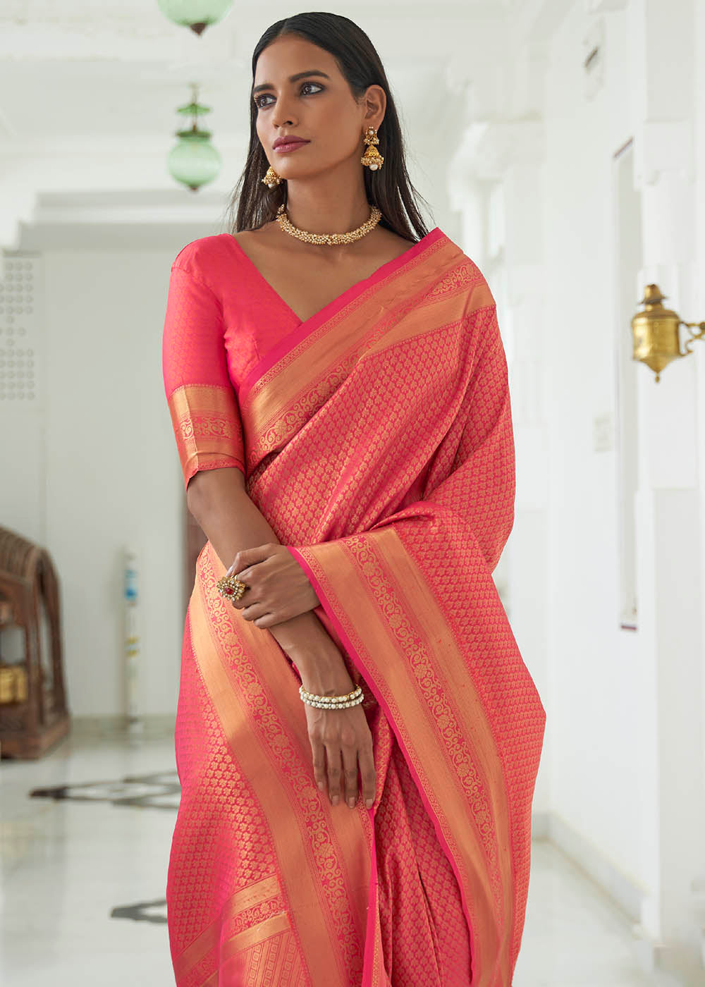 Neon Pink Woven Kanjivaram Silk Saree
