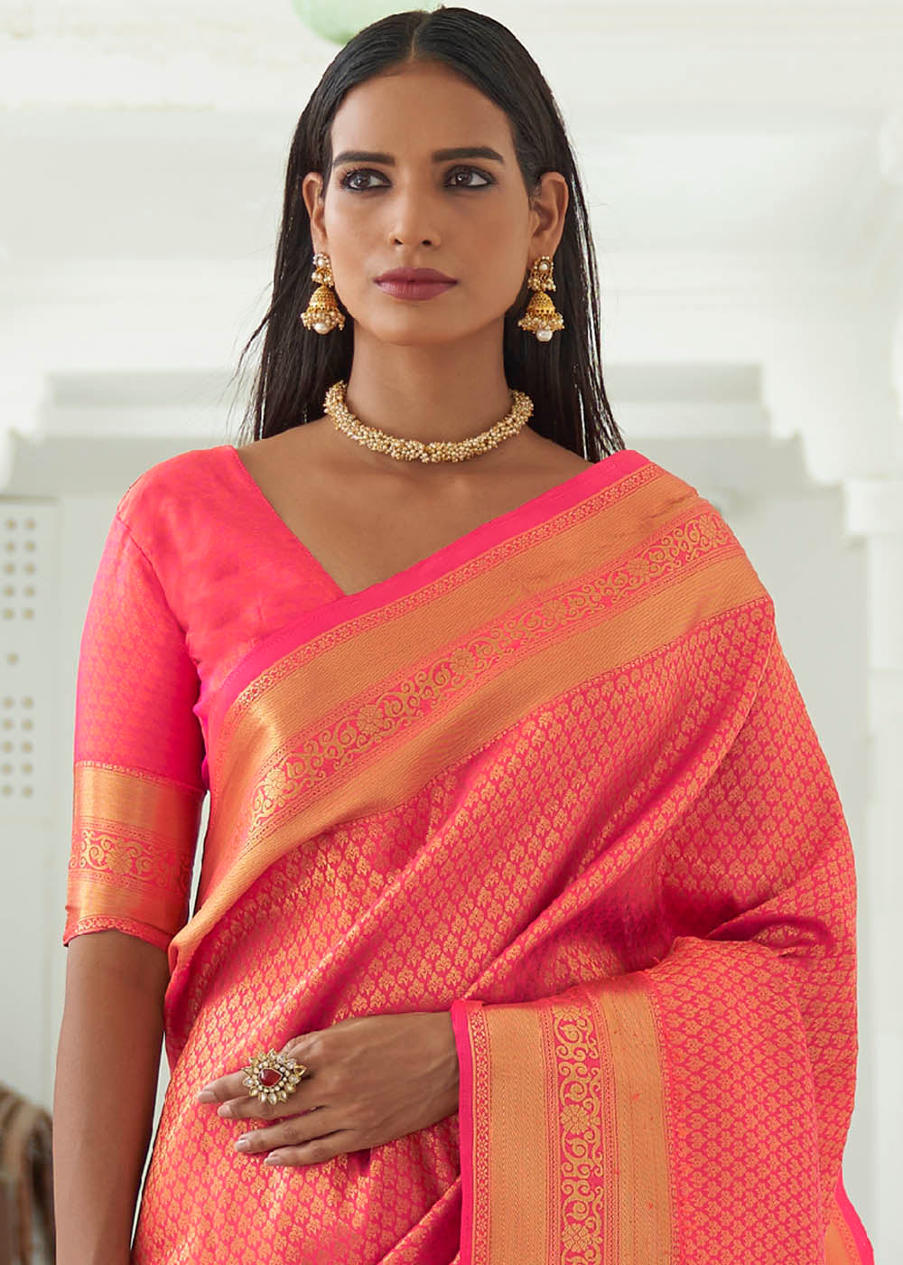 Neon Pink Woven Kanjivaram Silk Saree