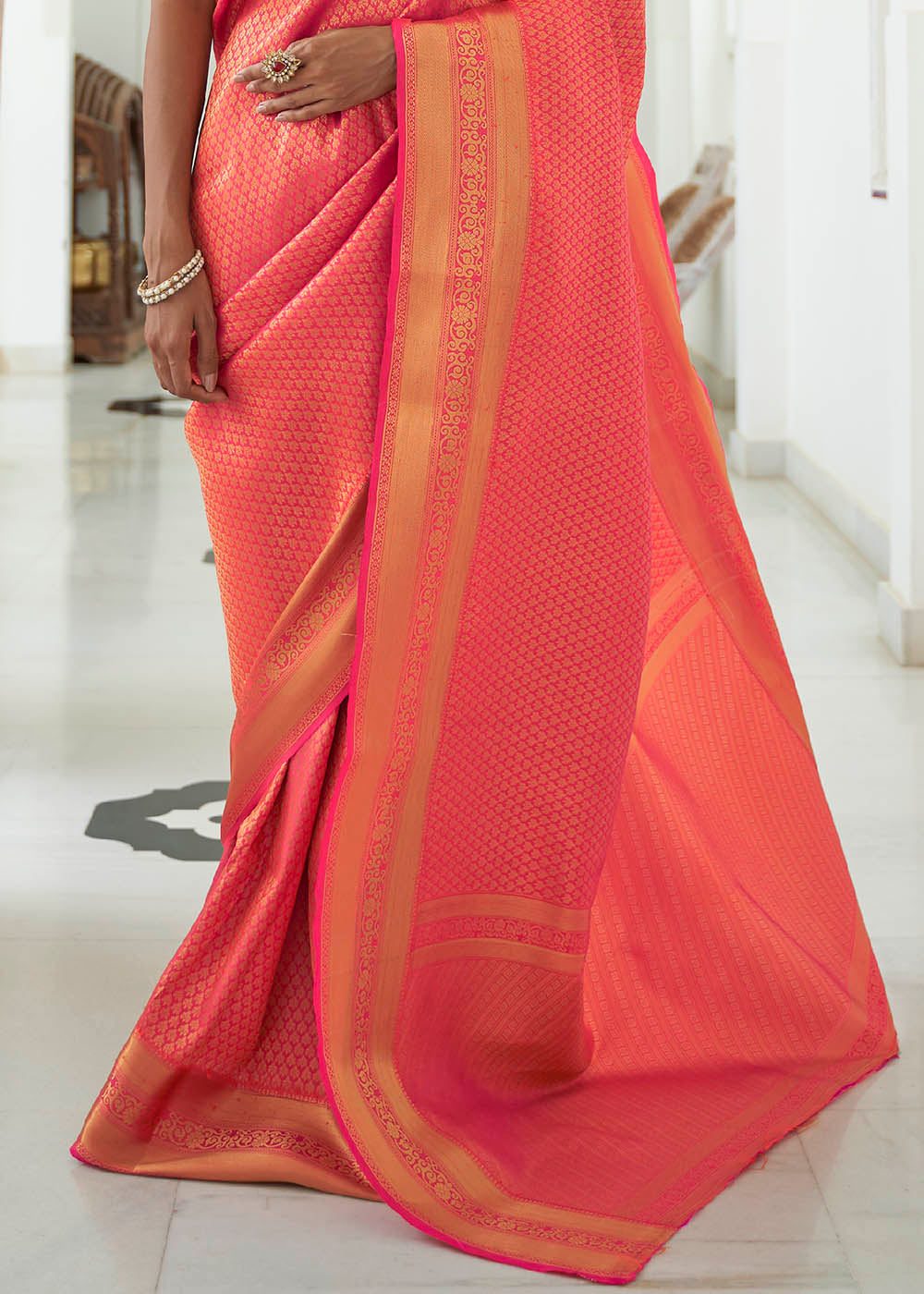 Neon Pink Woven Kanjivaram Silk Saree