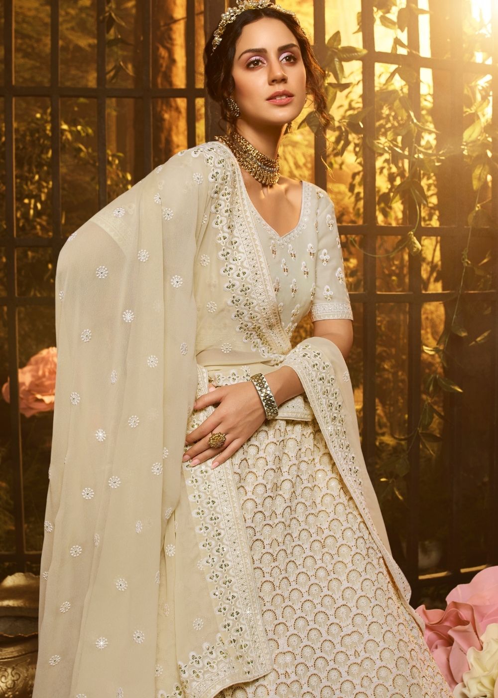 Linen White Georgette Lehenga Choli with Thread, Zari, and Moti work